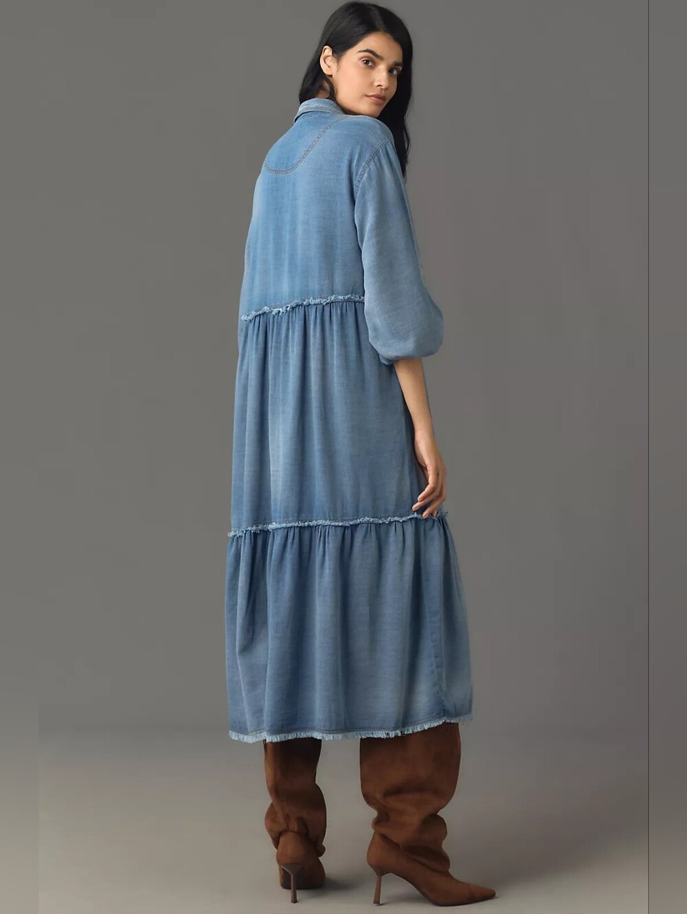 Anthropologie 100% Cotton Chambray Tiered Maxi Dress in Light Blue Size L - Picture 2 of 11